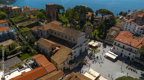 Aerial view of the cathedral of Santa Maria Assunta and San Pantaleone in the main square of Ravello. This church is located in the Amalfi Coast, Campania, Italy. It is a minor basilica and a museum.