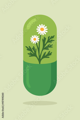 Herbal capsule vector illustration with healing plants inside. The vector is fully isolated from background and easily editable. 
