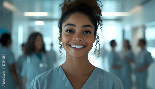 Smiling travel nurse stands in hospital corridor with medical staff in the background. Positive atmosphere. Healthcare pro. Modern lifestyle. Diverse team. Medicine and health concept.