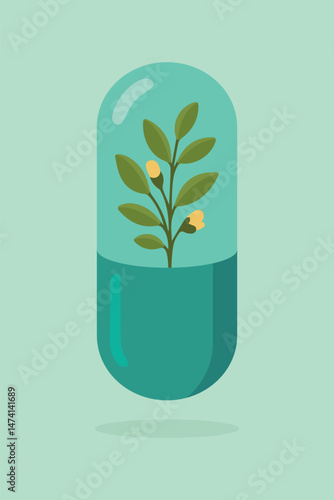 Herbal capsule vector illustration with healing plants inside. The vector is fully isolated from background and easily editable. 
