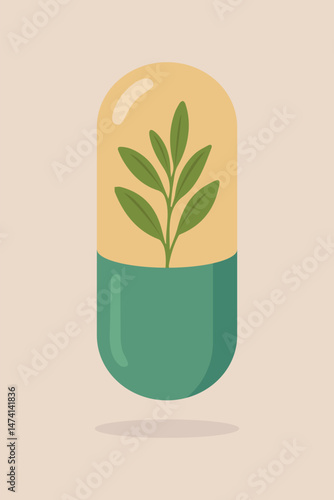 Herbal capsule vector illustration with healing plants inside. The vector is fully isolated from background and easily editable. 
