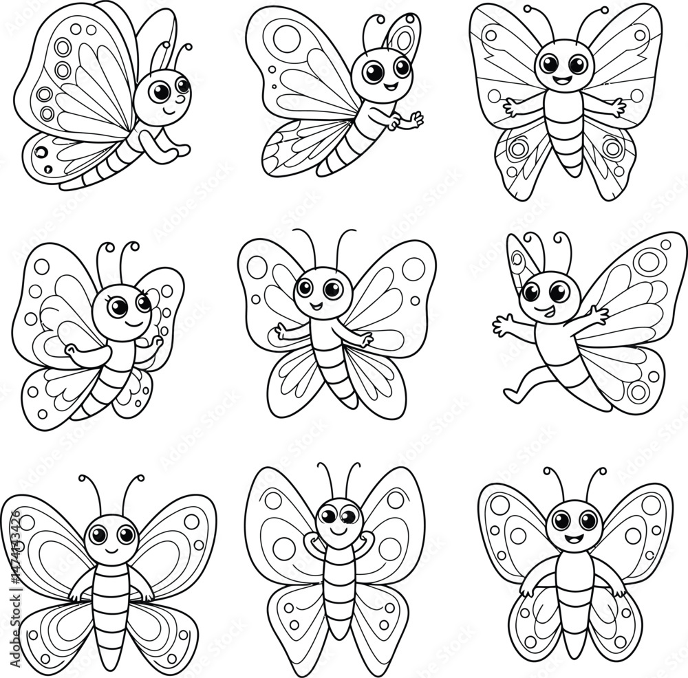 Cute Butterfly Illustrations in Black and White Coloring Page Style Art Cute Butterfly Illustrations in Black and White Coloring Page Style Art