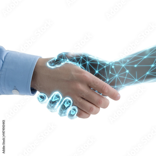 Human Handshaking with a Digital Hand Representing Technological Advancement and Collaboration