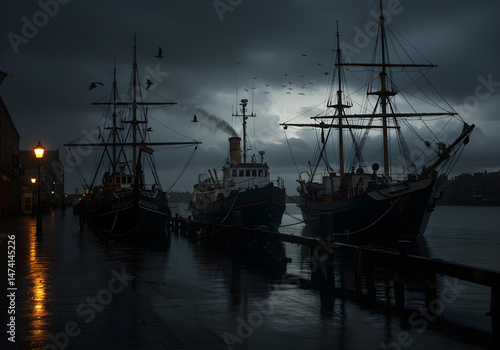 Wallpaper Mural dark harbor scene with vintage sailing ships docked under stormy skies
 Torontodigital.ca