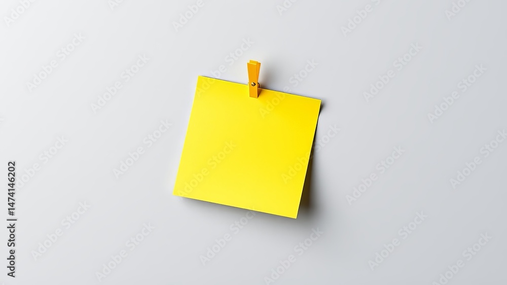 A bright yellow sticky note hangs on a light gray background secured by a small wooden clothespin. A bright yellow sticky note hangs on a light gray background secured by a small wooden clothespin.