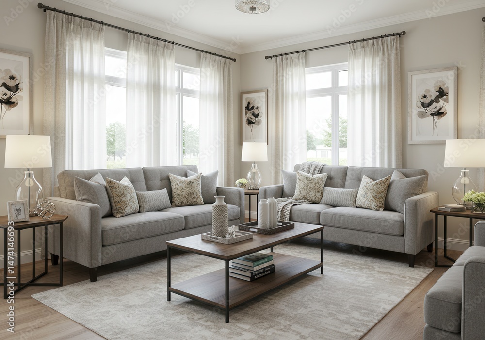 Bright living room with two gray sofas, a coffee table, lamps, sheer curtains, and floral artwork Bright living room with two gray sofas, a coffee table, lamps, sheer curtains, and floral artwork