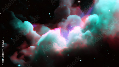 Cosmic nebula with glowing clouds and stars in deep space with soft film grain overlay