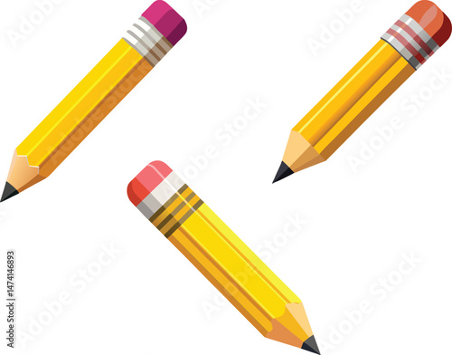 Three Yellow Pencils with Different Colored Erasers