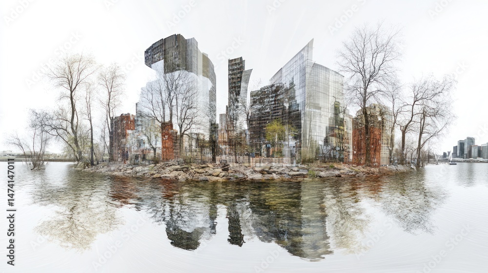 Obraz premium Island cityscape reflected in water