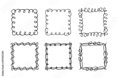 Square doodle stamp frames, hand-drawn wavy curly monograms. Edgings and cadres with simple sketchy scribble swirl design elements. Isolated. Vector illustration.