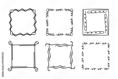 Square doodle stamp frames, hand-drawn wavy curly monograms. Edgings and cadres with simple sketchy scribble swirl design elements. Isolated. Vector illustration.