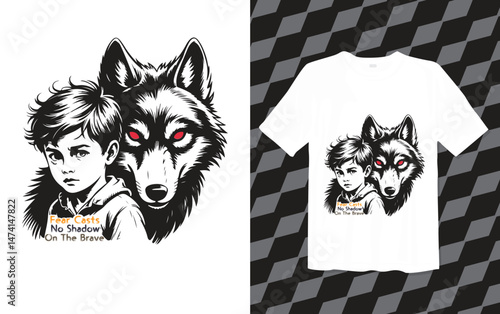 Wold and boy, Fear Casts No Shadow On the Brave design, Explore modern and trendy typography T-shirt designs, T-shirt design with typography, Famous quotes t-shirt design, apparel and clothing