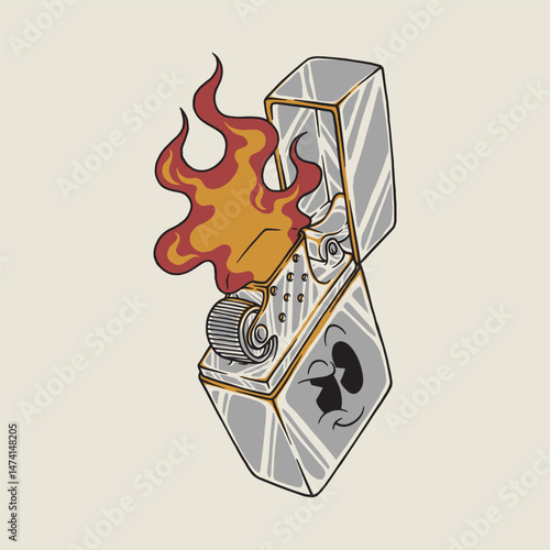 retro cartoon mascot of fiery square lighter