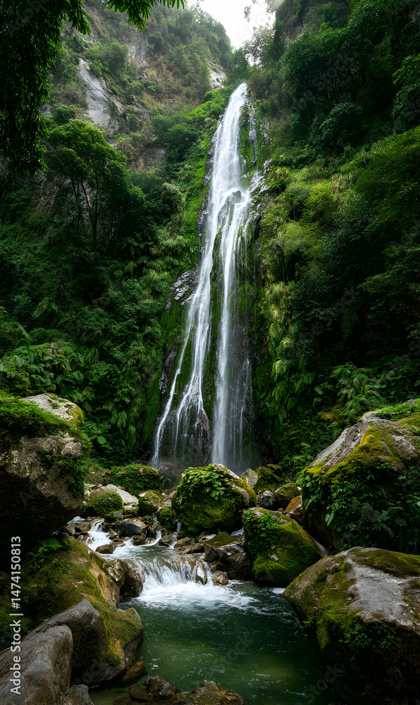 Obraz premium Serene cascade of water descending from a lush green cliffside into a tranquil pool below