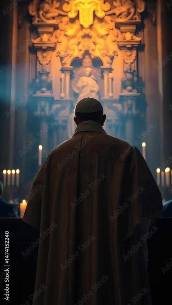 Naklejka premium Candid view of the Pope near an altar, robe aglow in candlelight. No face or hands. Deep shadows, sacred ambiance, rich textures, and ornate detail rendered in stunning 48k realism.