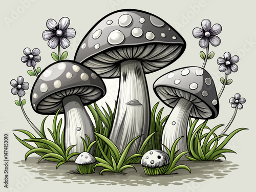 vector of Detailed grayscale drawing of four mushrooms growing in grass with small flowers.