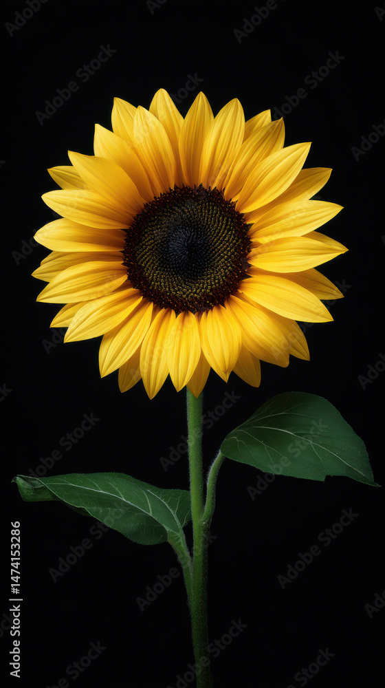 Naklejka premium A vibrant and luminous sunflower with radiant yellow petals and a dark center gracefully stands against a stark black background, evoking feelings of summer joy.