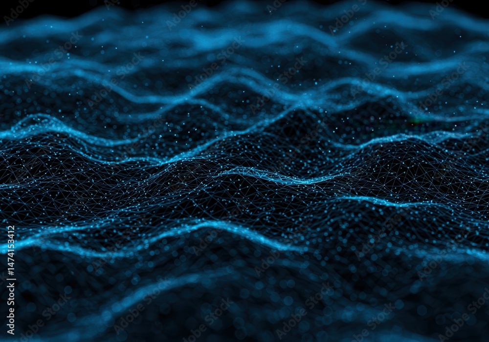 Abstract blue network background with connected dots creating a wavy pattern in a dark setting Abstract blue network background with connected dots creating a wavy pattern in a dark setting
