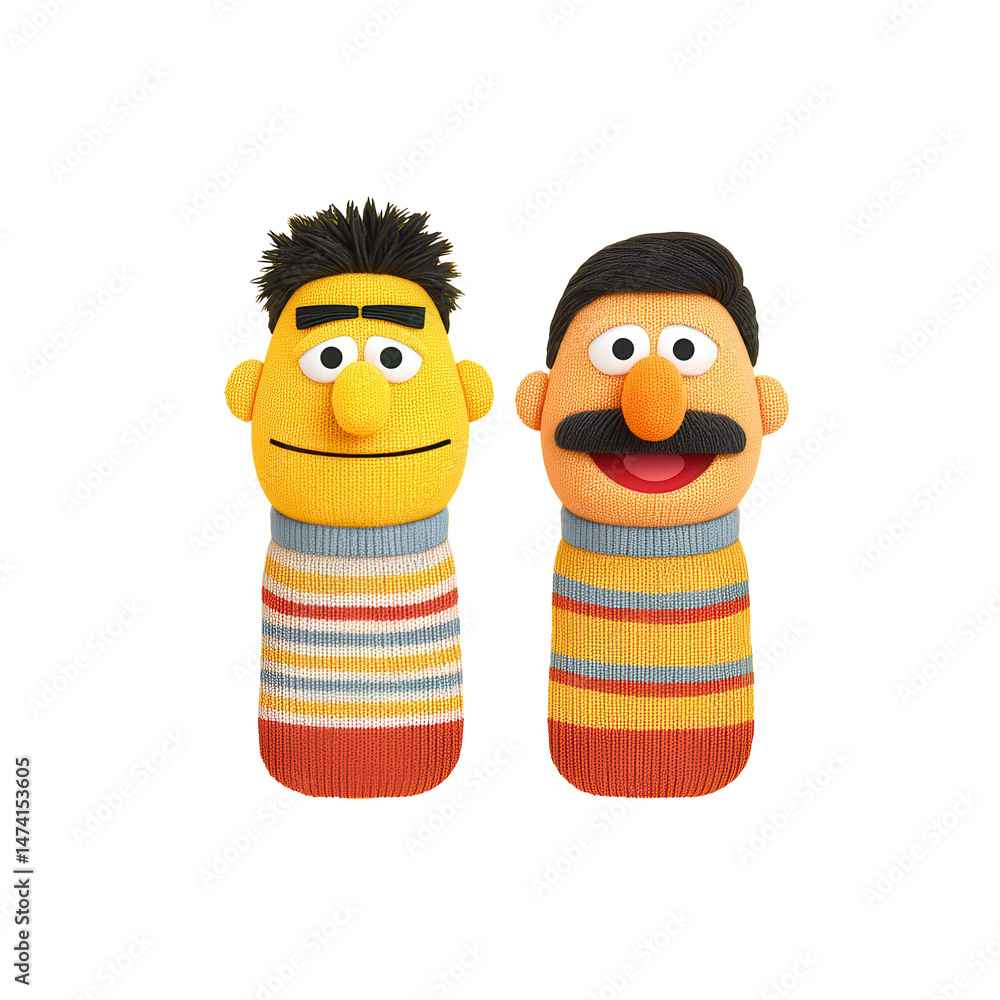 Fototapeta premium Colorful pair of handcrafted knitted sock puppets with expressive faces sitting against a bright yellow background