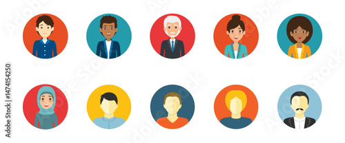 Color avatar icon.  Profile avatar symbol collection. Flat design icons of various professionals in business attire on colorful circular backgrounds. Vector illustration eps 10