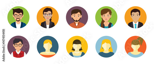Color avatar icon.  Profile avatar symbol collection. Flat design icons of various professionals in business attire on colorful circular backgrounds. Vector illustration eps 10