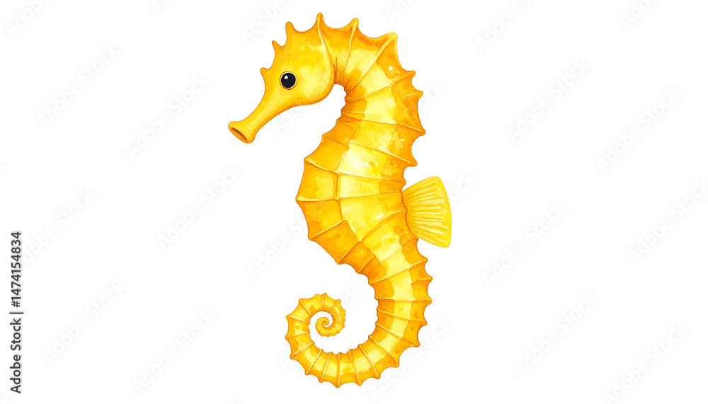 Fototapeta premium Cute watercolor illustration of a yellow seahorse, whimsical marine life art with a vibrant and playful design. 