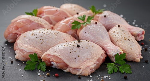 Freshly cut raw chicken pieces with herbs and peppercorns overhead shot