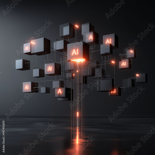 Agentic AI autonomous system. Intelligent agent. Decision making. AI behavior. Conceptual visualization of decision tree growth in a business context.