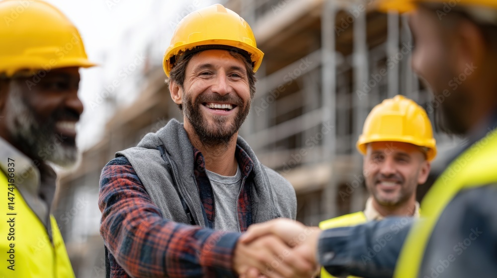 Construction team meeting at a job site, diverse engineers and managers shaking hands Construction team meeting at a job site, diverse engineers and managers shaking hands