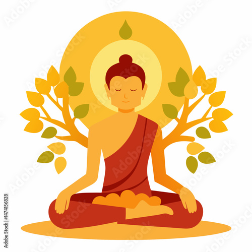 vector illustration of Gautama Buddha meditating under the Bodhi tree on white background
