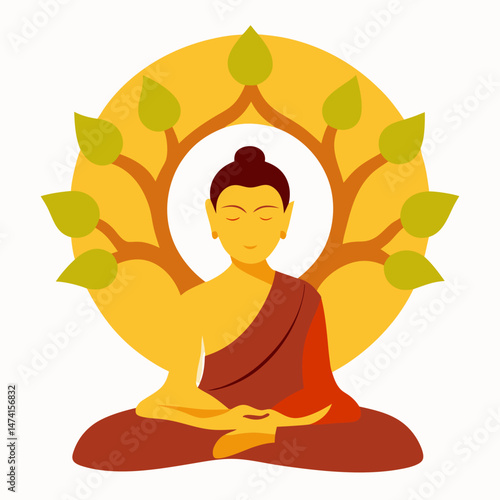 vector illustration of Gautama Buddha meditating under the Bodhi tree on white background
