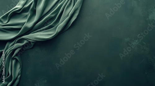 Draped sage green silk fabric on dark gray textured surface