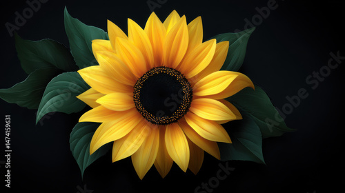 A vibrant sunflower with detailed petals and a dark center is surrounded by lush green leaves against a dark background, creating a striking contrast and beauty.