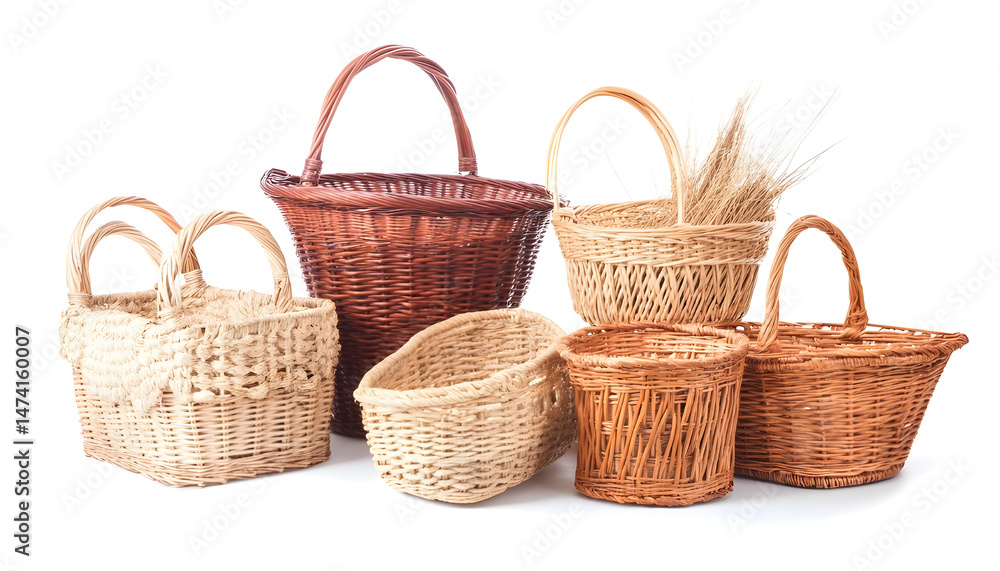 Obraz premium Many different wicker baskets on white background