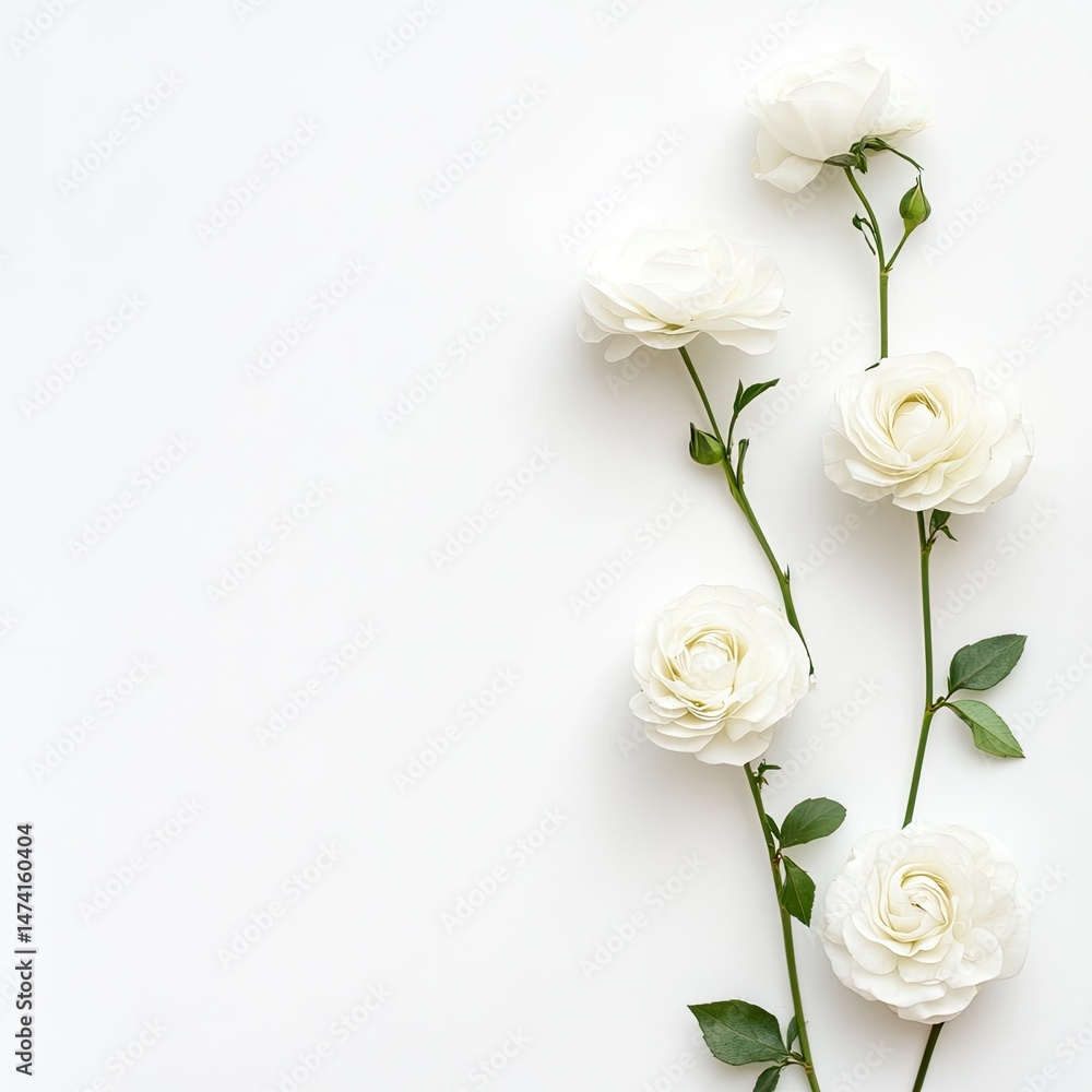 Delicate white flowers arranged on a plain white background. Small, textured blooms with stems and leaves. Simple, elegant floral design Delicate white flowers arranged on a plain white background. Small, textured blooms with stems and leaves. Simple, elegant floral design
