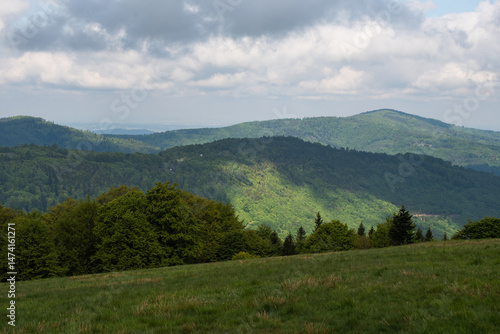 Fototapeta Naklejka Na Ścianę i Meble -  Hala Jaworowa w Beskidzie Śląskim niedaleko Szczyrk Salmopol, wiosenny poranek. 