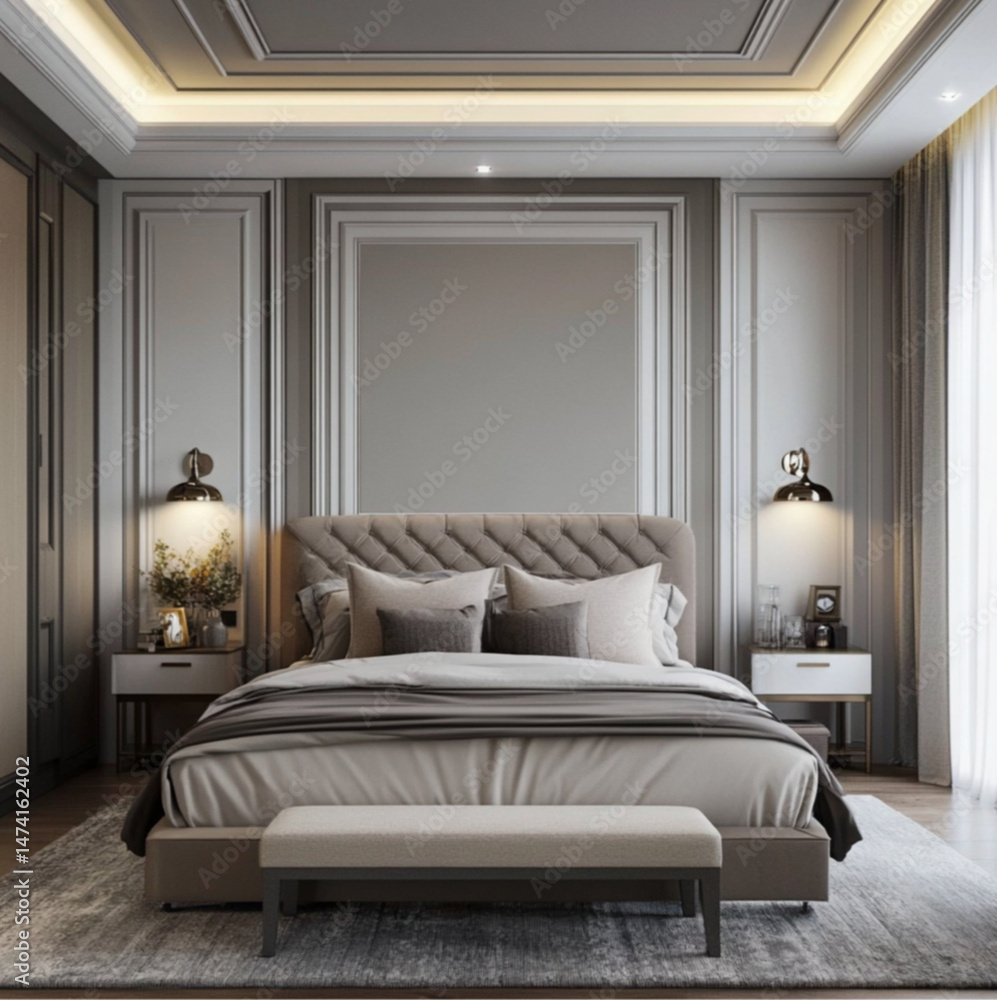 Fototapeta premium presents a lavish bedroom hotel interior,gray coverbed, a large bed with tufted headboard and an elegantly designed room, The flooring is a light marble-like material. 