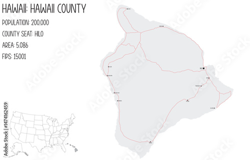 Large and detailed map of Hawaii County in Hawaii, USA.
