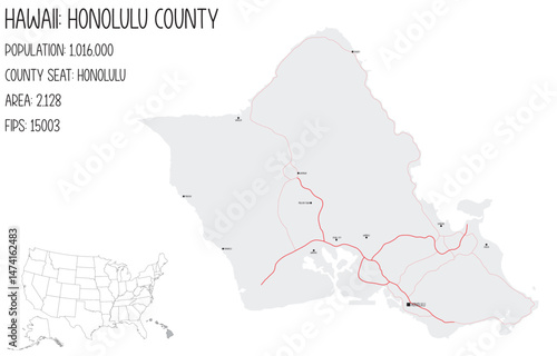Large and detailed map of Honolulu County in Hawaii, USA.
