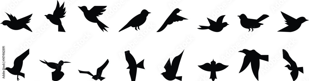 Fototapeta premium silhouette of flying birds with wide open wings vector art template designs icon set, Ink grunge birds afar brush hand drawn markers and crayons icons isolated on transparent background for mobile app