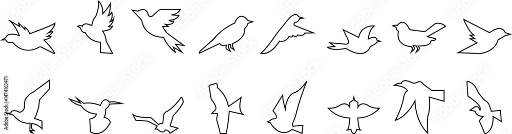 Fototapeta premium silhouette of flying birds with wide open wings vector art template designs icon set, Ink grunge birds afar brush hand drawn markers and crayons icons isolated on transparent background for mobile app