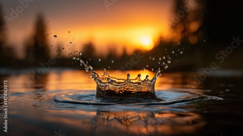 Macro shot of a water droplet splash in a forest pond, golden hour lighting