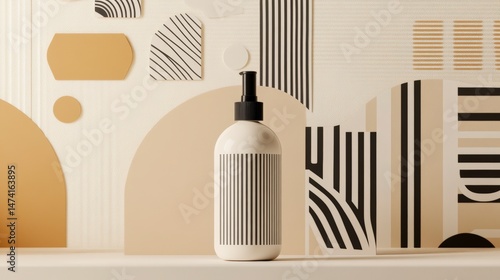 A minimalist bottle of hand soap with a black pump on a white shelf, set against a backdrop of geometric shapes and patterns in muted tones.