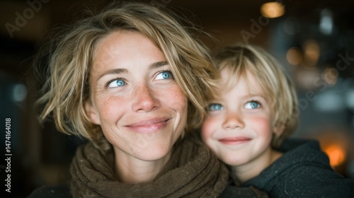A loving family moment was captured as a smiling mother and child sat indoors, wrapped in warm and cozy scarves together