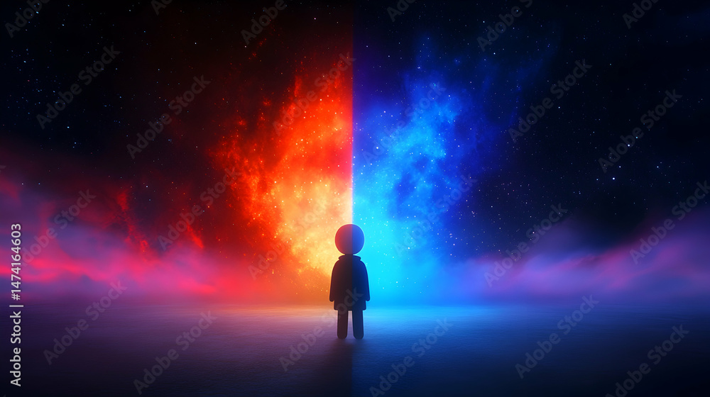 Fototapeta premium A small figure stands between fiery red and icy blue cosmic landscapes