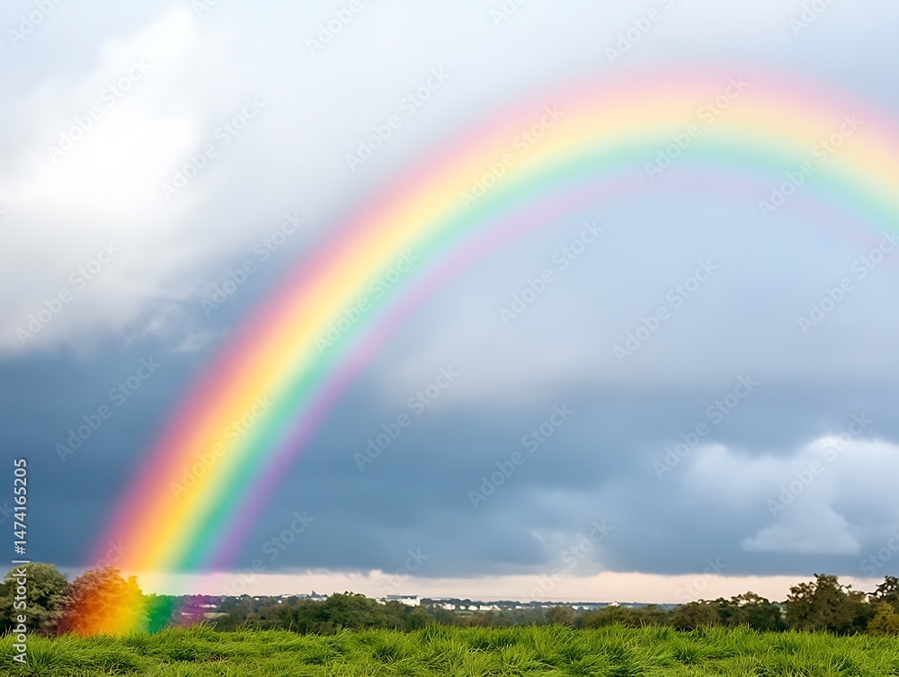 Naklejka premium Vibrant Rainbow Arcing Over Lush Green Field After Summer Rainstorm A Stunning Nature Scene