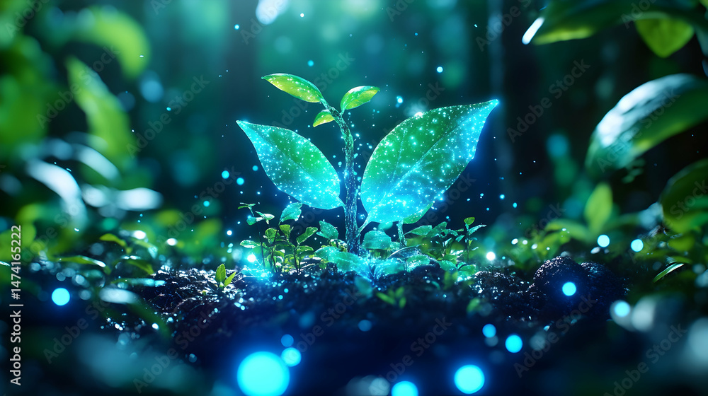 Glowing sapling emerging from dark earth, surrounded by lush greenery and ethereal blue light Glowing sapling emerging from dark earth, surrounded by lush greenery and ethereal blue light