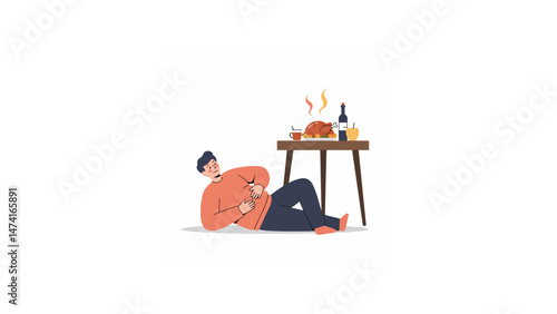person lying on the floor next to a Thanksgiving table, holding their stomach with a satisfied expression