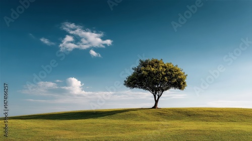 Lone tree on a vibrant green hill under a clear blue sky