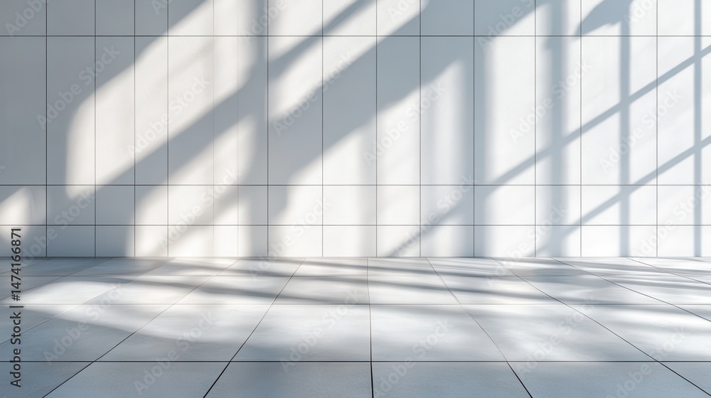 Obraz premium Sunlight casts shadows on a clean, tiled space